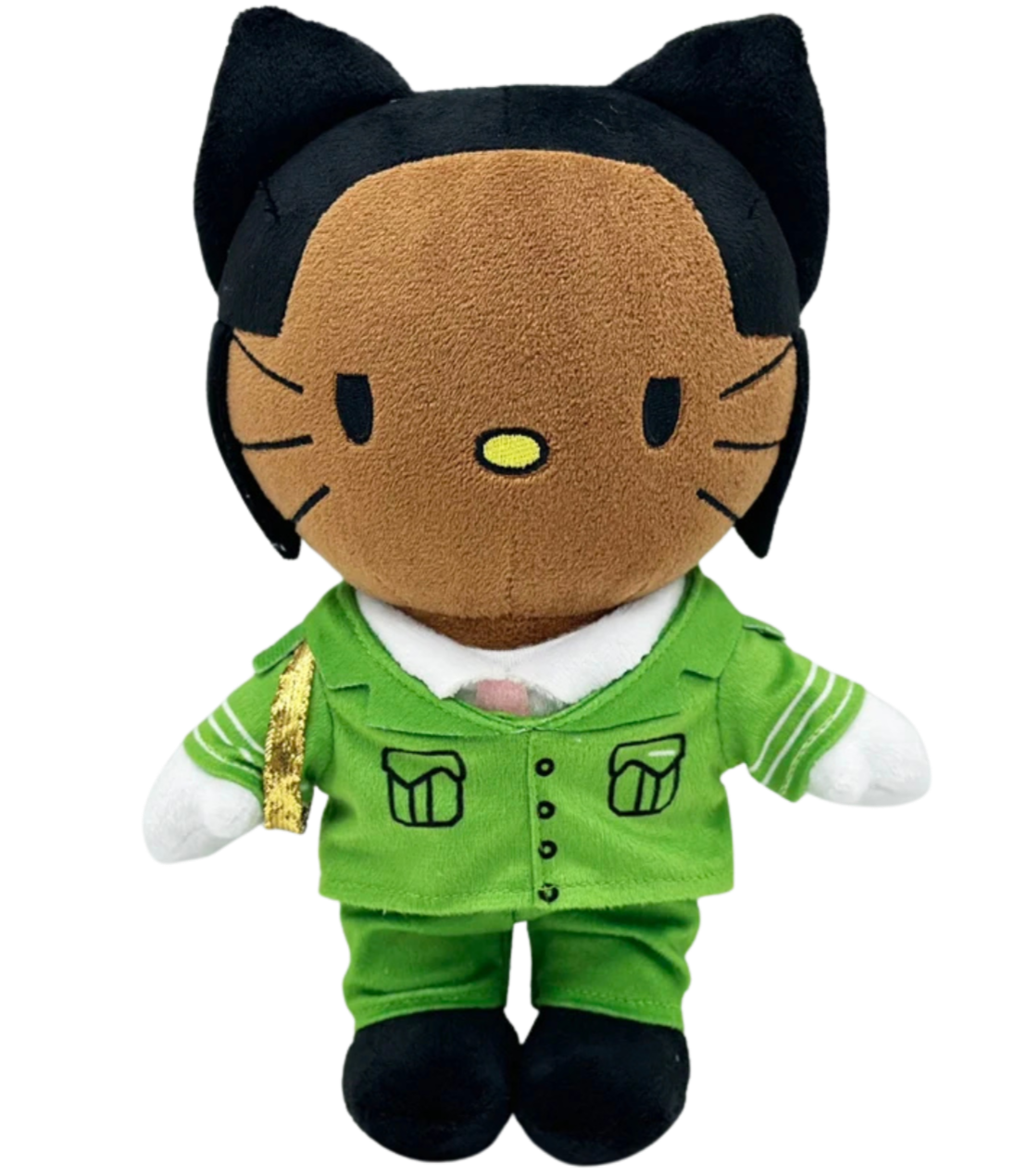 Plush toy with cat-like design wearing a green outfit on a white background