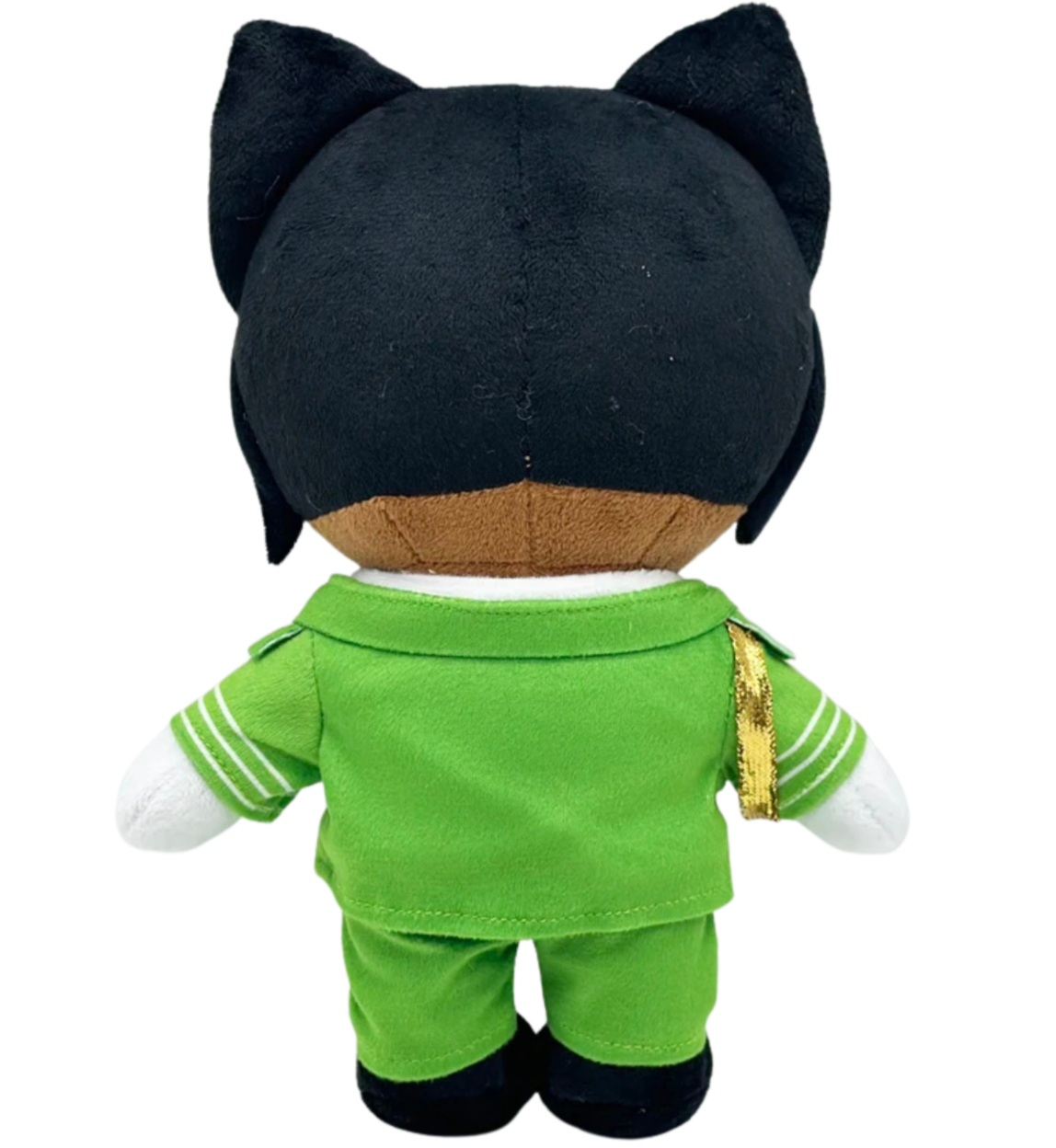 Plush toy with black hair and green outfit on a white background