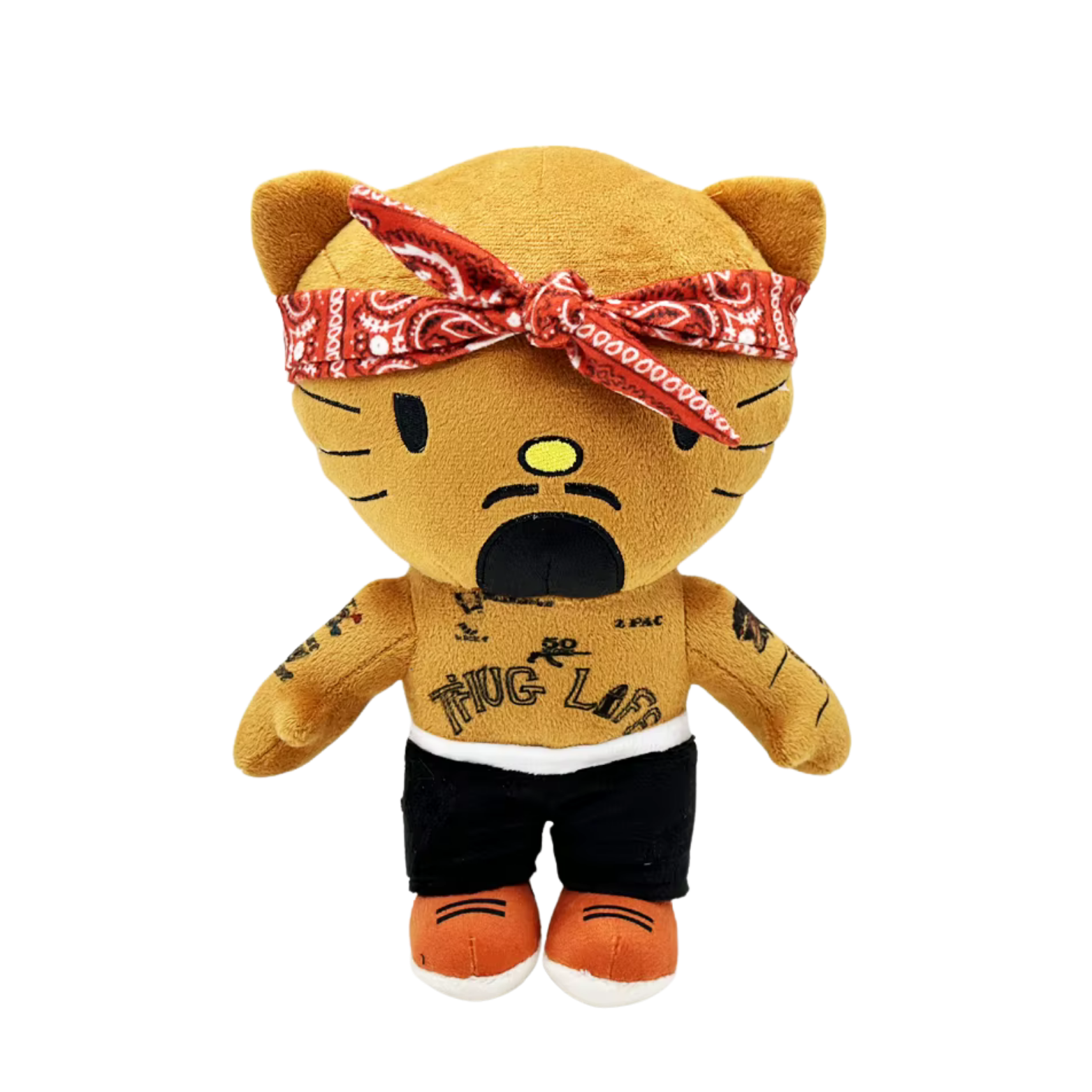 Plush toy with a bandana, shirt, and shorts on a white background