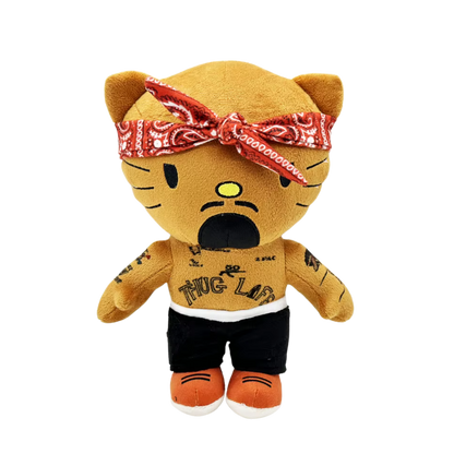 Plush toy with a bandana, shirt, and shorts on a white background