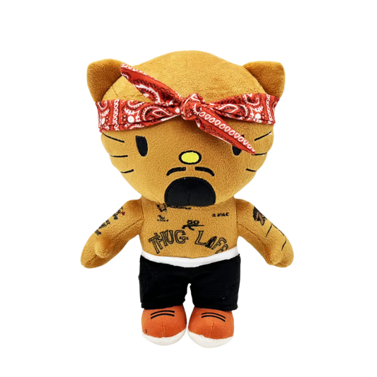 Plush toy with a bandana, shirt, and shorts on a white background