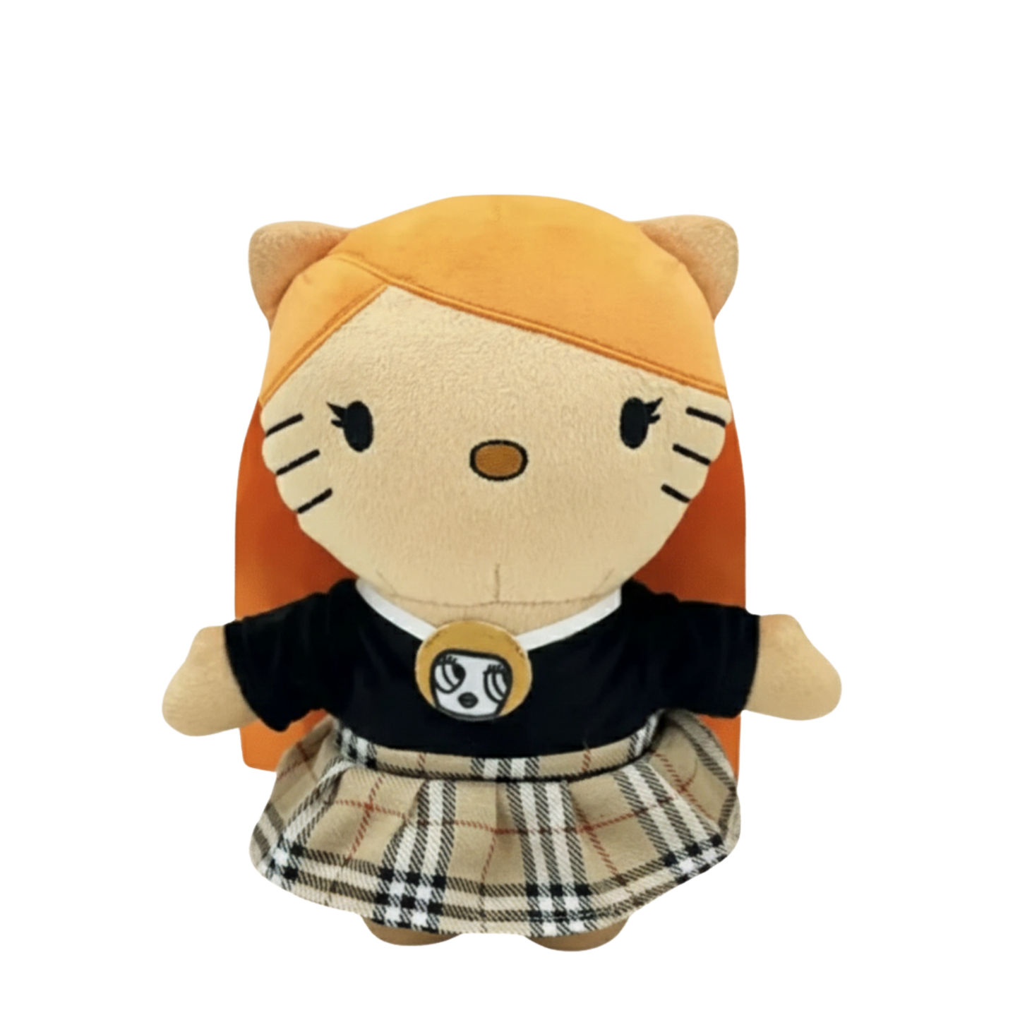 Plush toy resembling a character with orange hair, black outfit, and plaid skirt on a white background