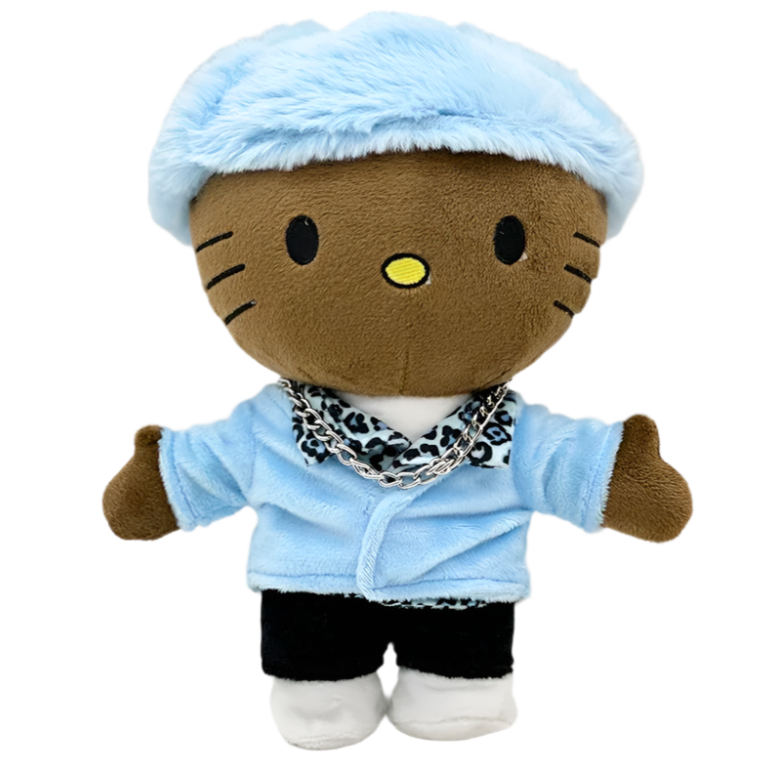 Plush toy resembling a cat in a light blue outfit with a white background