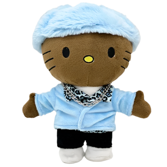 Plush toy resembling a cat in a light blue outfit with a white background