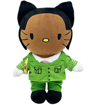 Plush toy with cat-like design wearing a green outfit on a white background