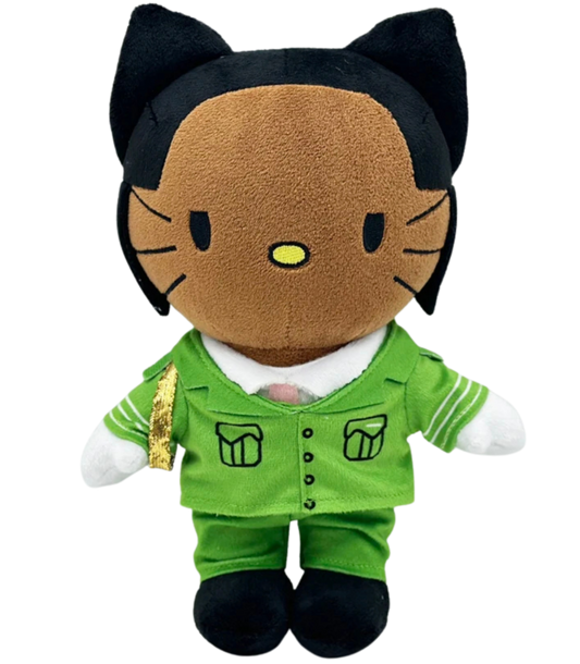 Plush toy with cat-like design wearing a green outfit on a white background