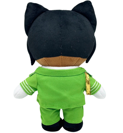 Plush toy with black hair and green outfit on a white background