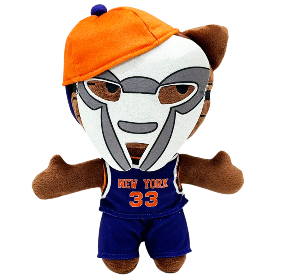 Plush toy with an orange cap, white face, blue shorts, and 'New York 33' shirt on a white background