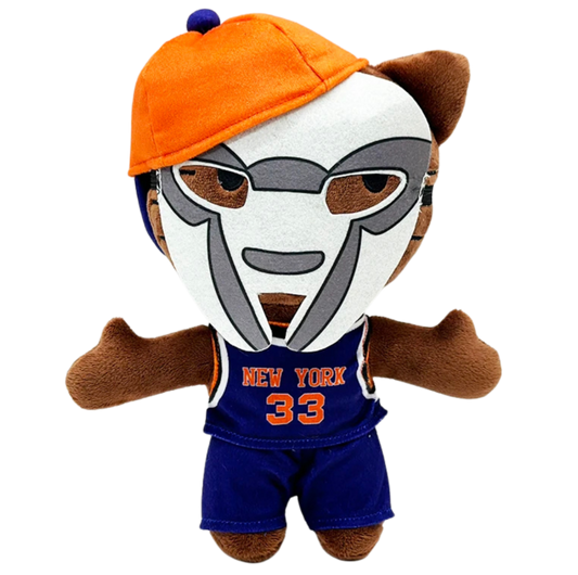 Plush toy with an orange cap, white face, blue shorts, and 'New York 33' shirt on a white background