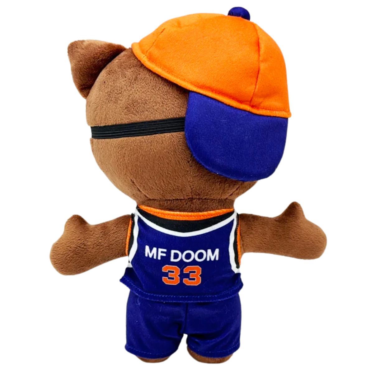 Plush toy with orange and blue cap, blue shorts, and 'MF DOOM 33' shirt on a white background