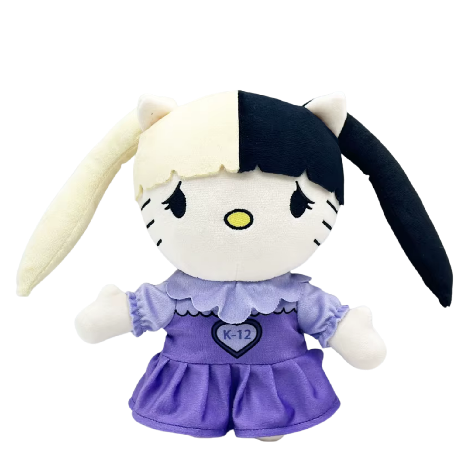 Plush toy with bunny ears and a purple dress on a white background