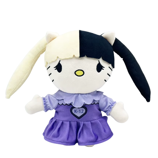Plush toy with bunny ears and a purple dress on a white background