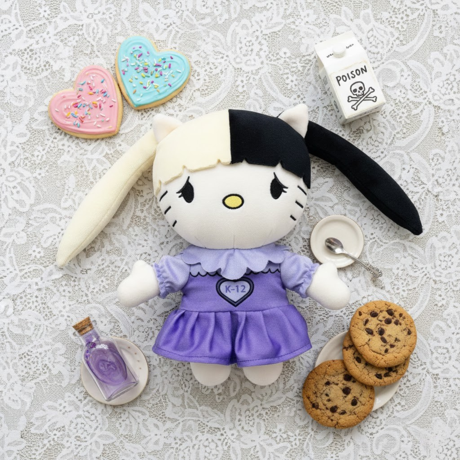 Plush toy resembling a character with a purple outfit on a lace tablecloth with cookies and a poison bottle.